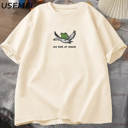 We Ride At Dawn T-Shirt Funny Frog and Goose Tee Casual Cotton Short Sleeve Round Neck Tshirt Streetwear Male Clothing Y2k