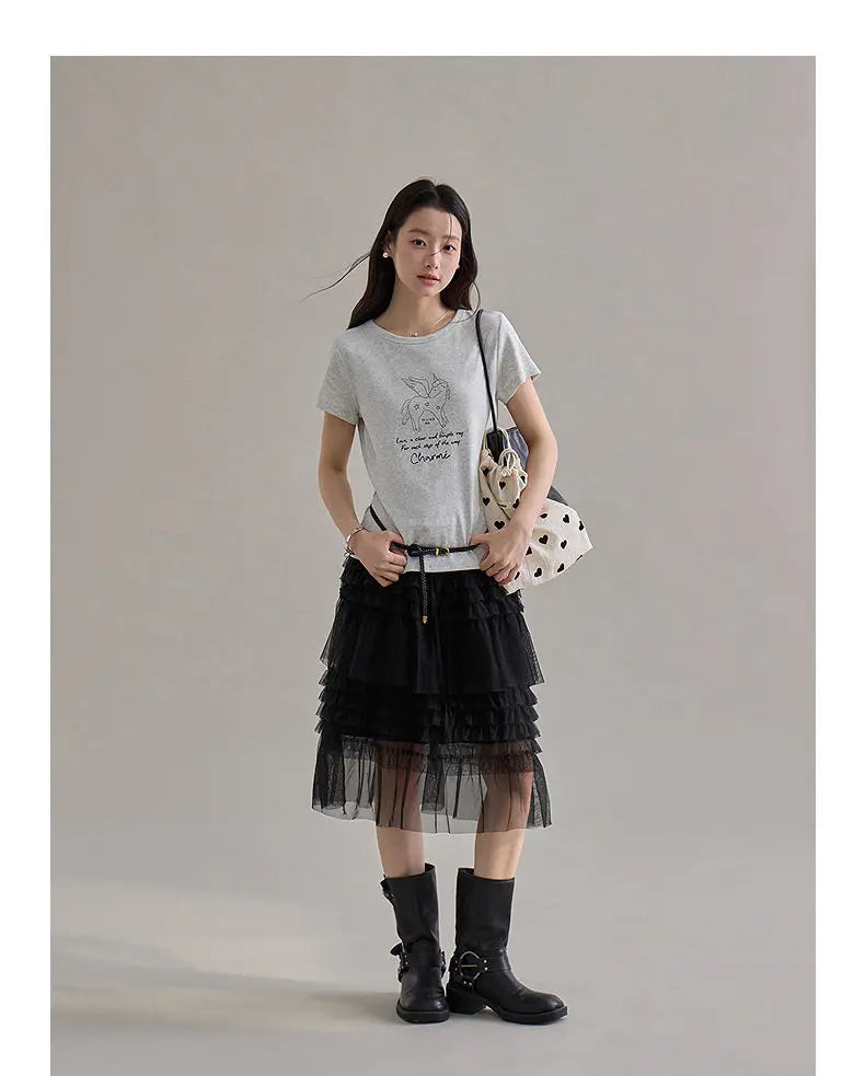 Korean Style Lace Elastic Waist Cake Skirt Mesh Puffy Skirt Women's Dress Knee Length Casual A-Line Skirt Micro Stretch No Slit