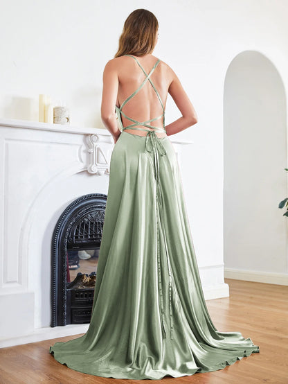 Women Sexy Prom Dresses Lace-Up Spaghetti Straps Backless Sling Evening Dress Satin A-Line High Split Maxi Train Party Gowns