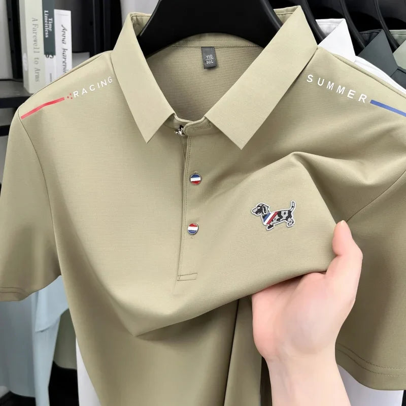 New Business Men's Lapel Polo Shirt High End Design Cartoon Dog Print Short Sleeve T-Shirt Summer Fashion Breathable Men's Wear