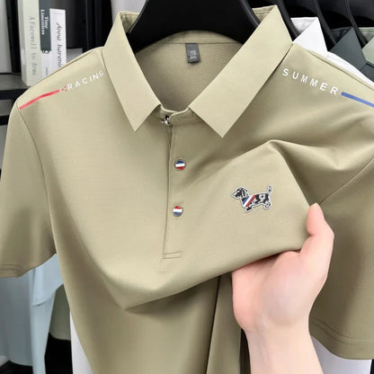 New Business Men's Lapel Polo Shirt High End Design Cartoon Dog Print Short Sleeve T-Shirt Summer Fashion Breathable Men's Wear