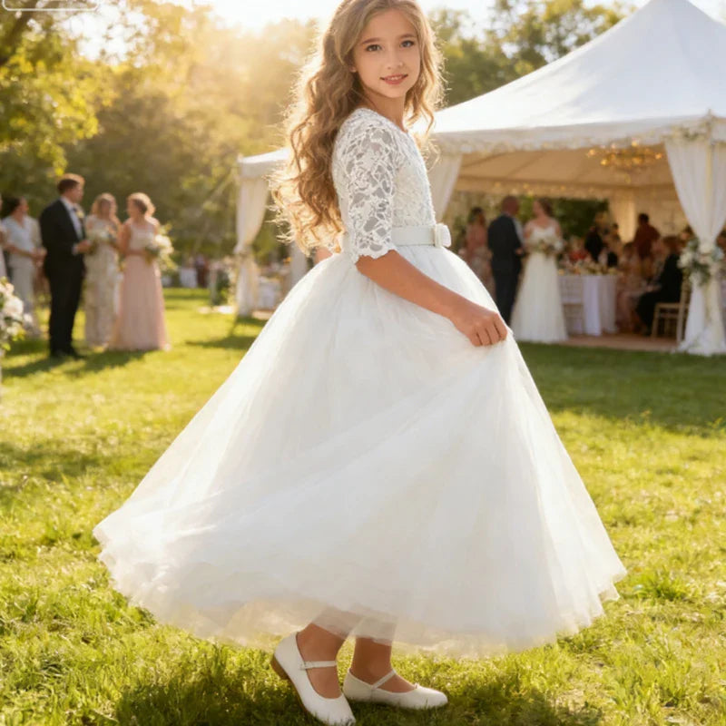 Teenager Girls White Bridesmaid Dresses Wedding Birthday Party Ball Gown Flower Girls First Communion Costume 3 to 14 Years