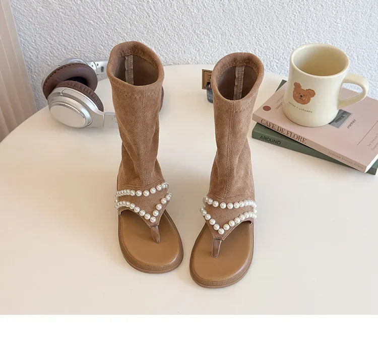 2025 Children High-top Sandals for Girls Summer New Fashion Korean Style Soft Sole Non-slip Versatile Pearl Roman Princess Shoes