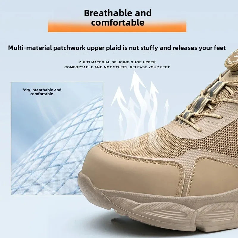 Men Lightweight Safety Shoes Button Elastic Protection Shoes With Steel Toe Anti Smashing And Anti PiercingTactical Boots