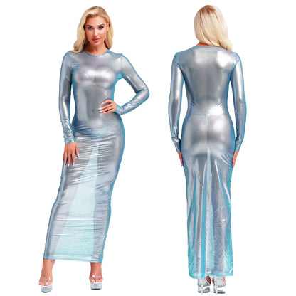 Womens Shiny Metallic Sheer Long Dress See Through Long Sleeve Bodycon Maxi Dress Cover Ups Rave Party Night Club Wear Underwear