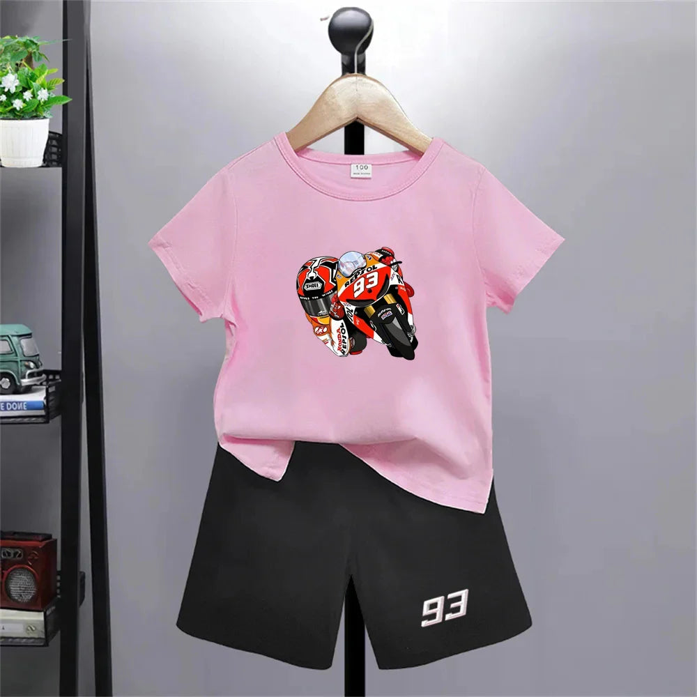 Summer red Short Sleeve T Shirt +shorts 2 Piece Motorcycle race car number 93 Children Clothes Casual Boy Girl Kid Tracksuit