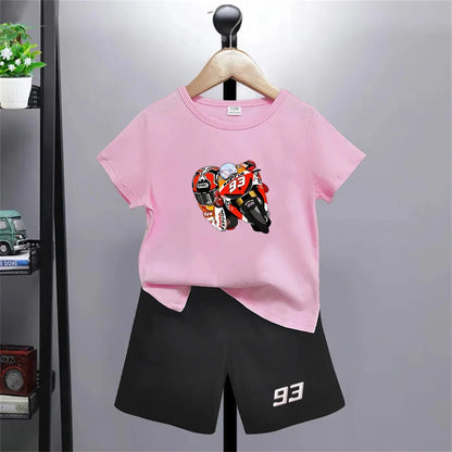 Summer red Short Sleeve T Shirt +shorts 2 Piece Motorcycle race car number 93 Children Clothes Casual Boy Girl Kid Tracksuit