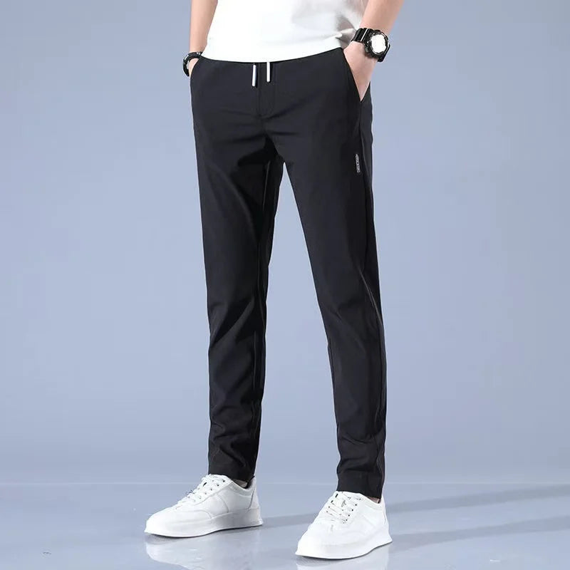 Ice Silk Men's Pants 2026 Summer New Black Gray Thin Business Casual Pants Outdoor Elastic Breathable Straight Leg Sweatpants