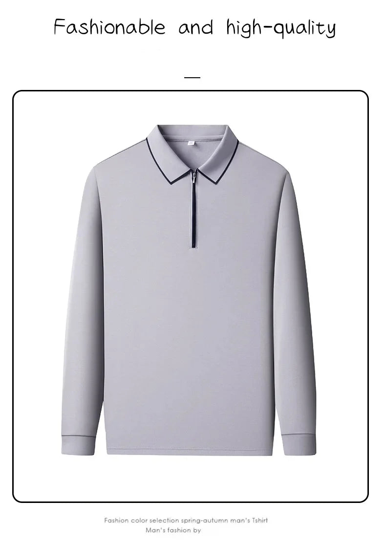 Light luxury brand long sleeved men's polo shirt autumn fashion flip collar half zipper design boutique top silk casual T-shirt