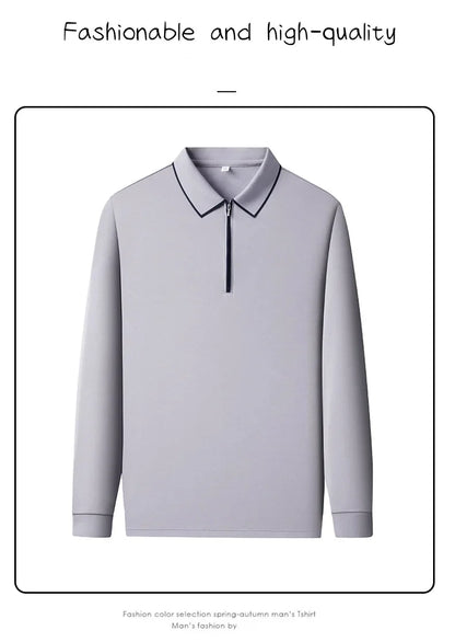 Light luxury brand long sleeved men's polo shirt autumn fashion flip collar half zipper design boutique top silk casual T-shirt