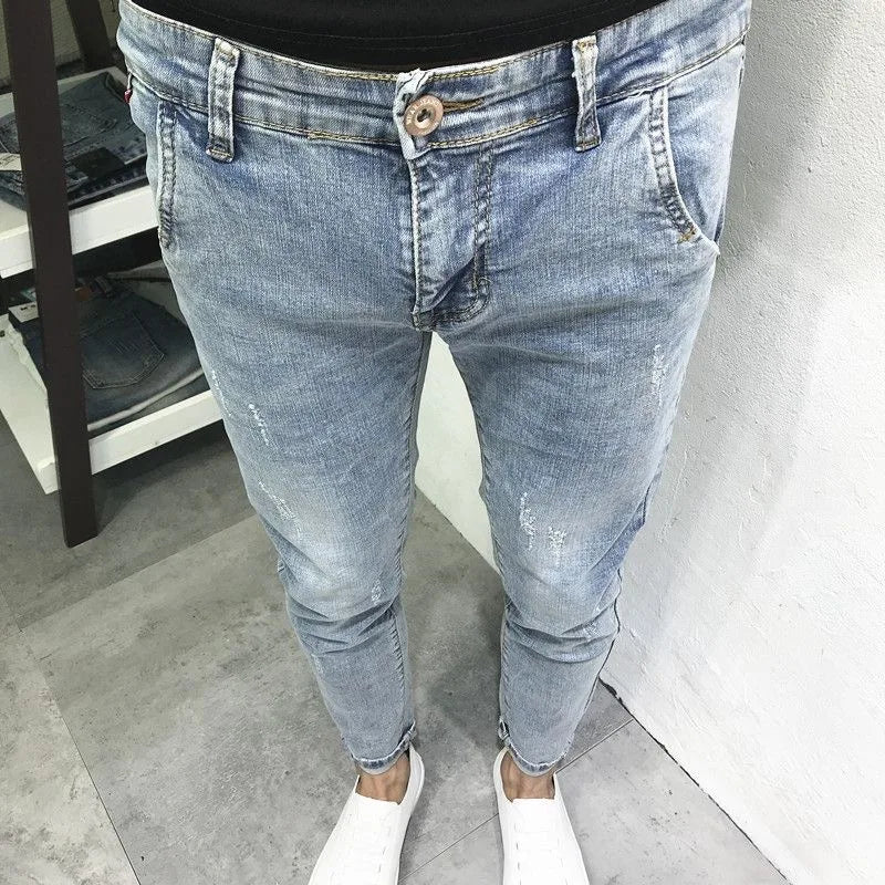 2024 Spring and Autumn New Fashion Trend Solid Color Elastic Small Legs Men's Casual Slim Comfortable High Quality Denim Pants