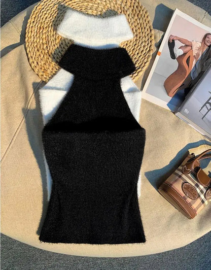 Spice Girl Hair Halter Neck Camisole Female Imitation Mink Inside Tank Top  Autumn and Winter Design Sense Knitted Bandeau Top