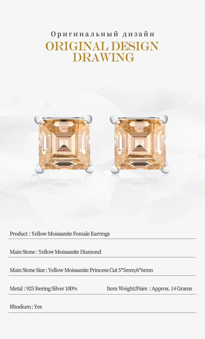 Silver 925 Earring Yellow Moissanite Screw Back Stud Square Stud Earrings For Women  Princess Cut 5*5MM Jewelry 귀걸이