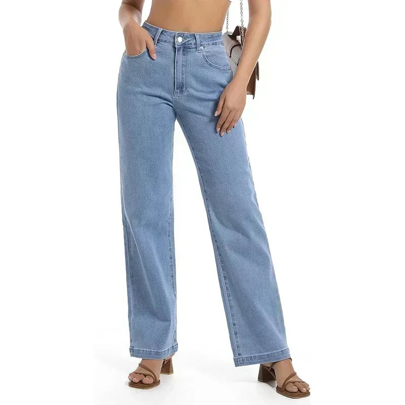 Ins Fashion Jeans Women Comfortable High Waisted White Jeans Girls Thin Stretch Denim Pants Female Straight Leg Trousers