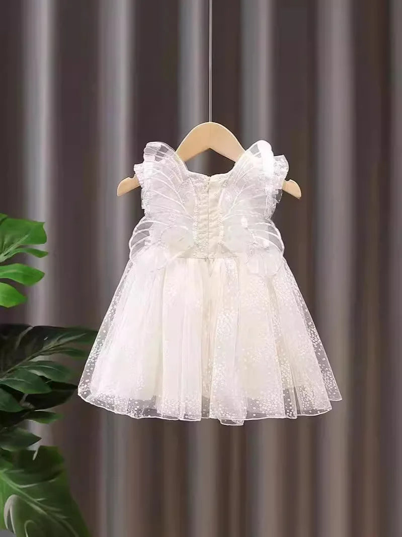 Girls Summer White Princess Dress Kids Tulle Tutu Skirt With Wings Cute Baby Girls Fluffy Party Dress For Birthday Holiday
