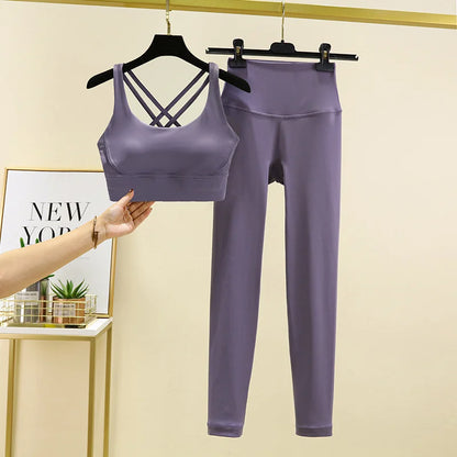 TRY TO BN Tummy Control Gym Set 2 Piece High Waisted Leggings Cross Bra Squat Proof Fitness Breathable Yoga Outfits Workout Set