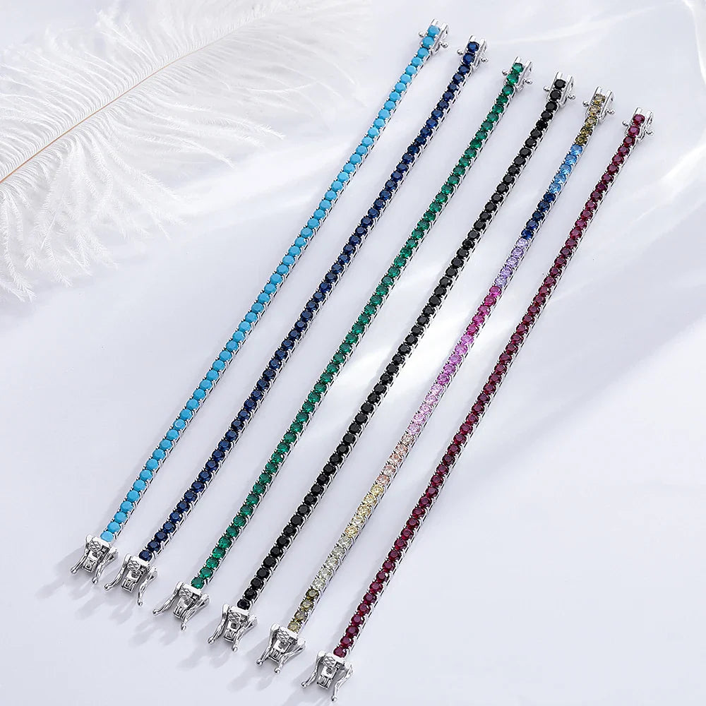 Solid 925 Silver Tennis Bracelet 3mm Black Cubic Zircon Chain Jewelry for Women Men Gift