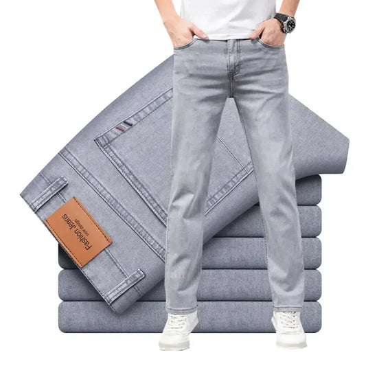 2026 Brand Thin or Thick Material Straight Cotton Stretch Denim Men's  Business Casual High Waist Light Grey Blue Jeans