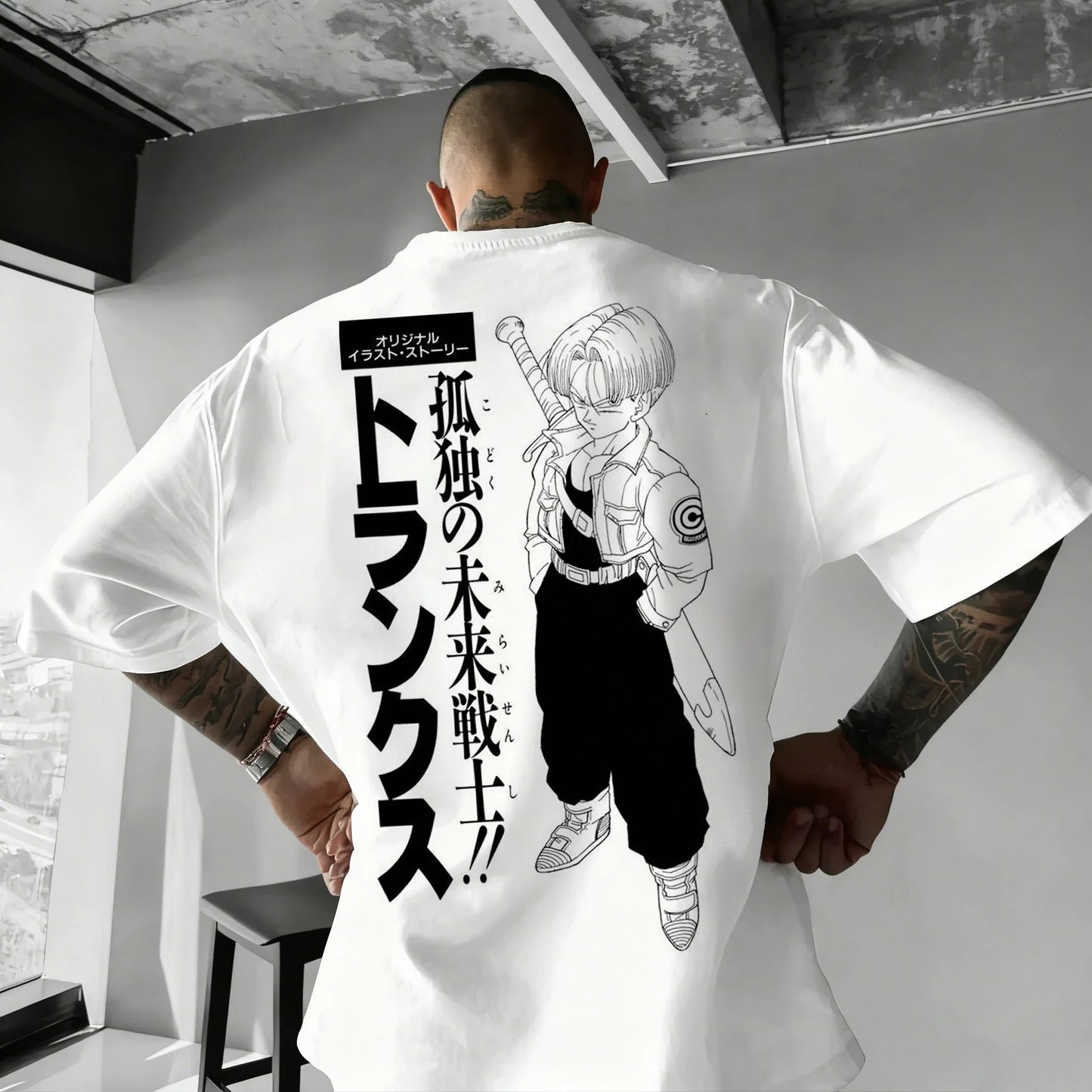 Oversized T-shirt High Quality 100% Cotton Kid Goku with Power Pole Line Art Print UnisexCasual Y2K