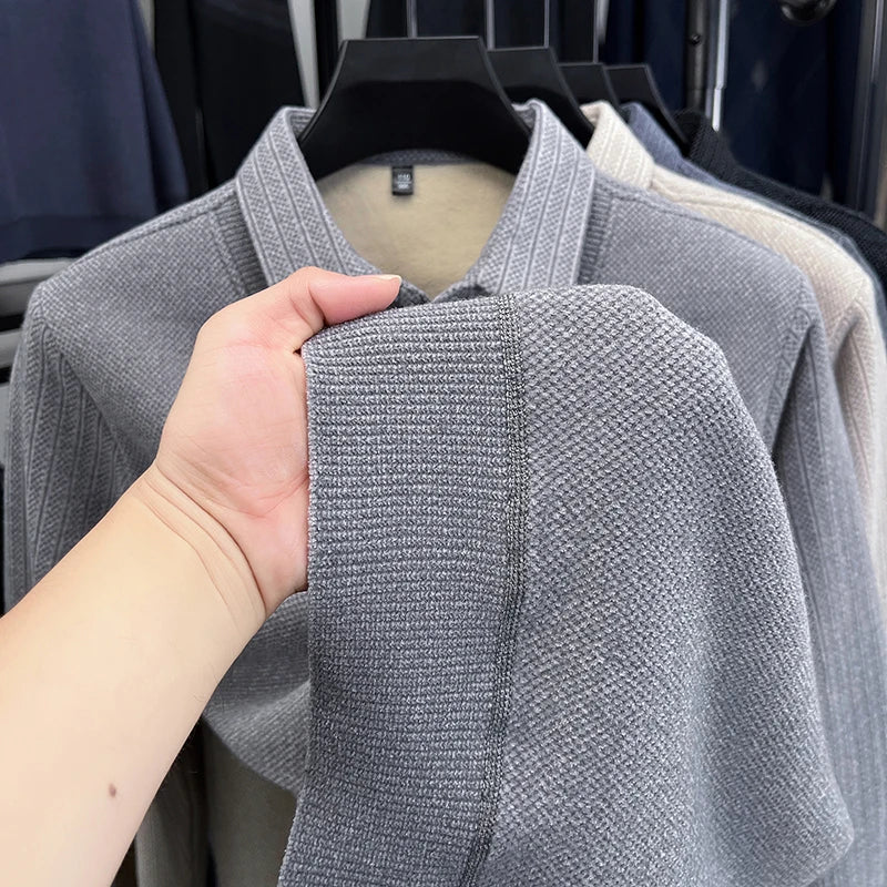 Winter Men's Vacation Two-piece Thick Woolen Sweater with A Warm Collar and Knitted Polo Base for Middle-aged and Elderly People