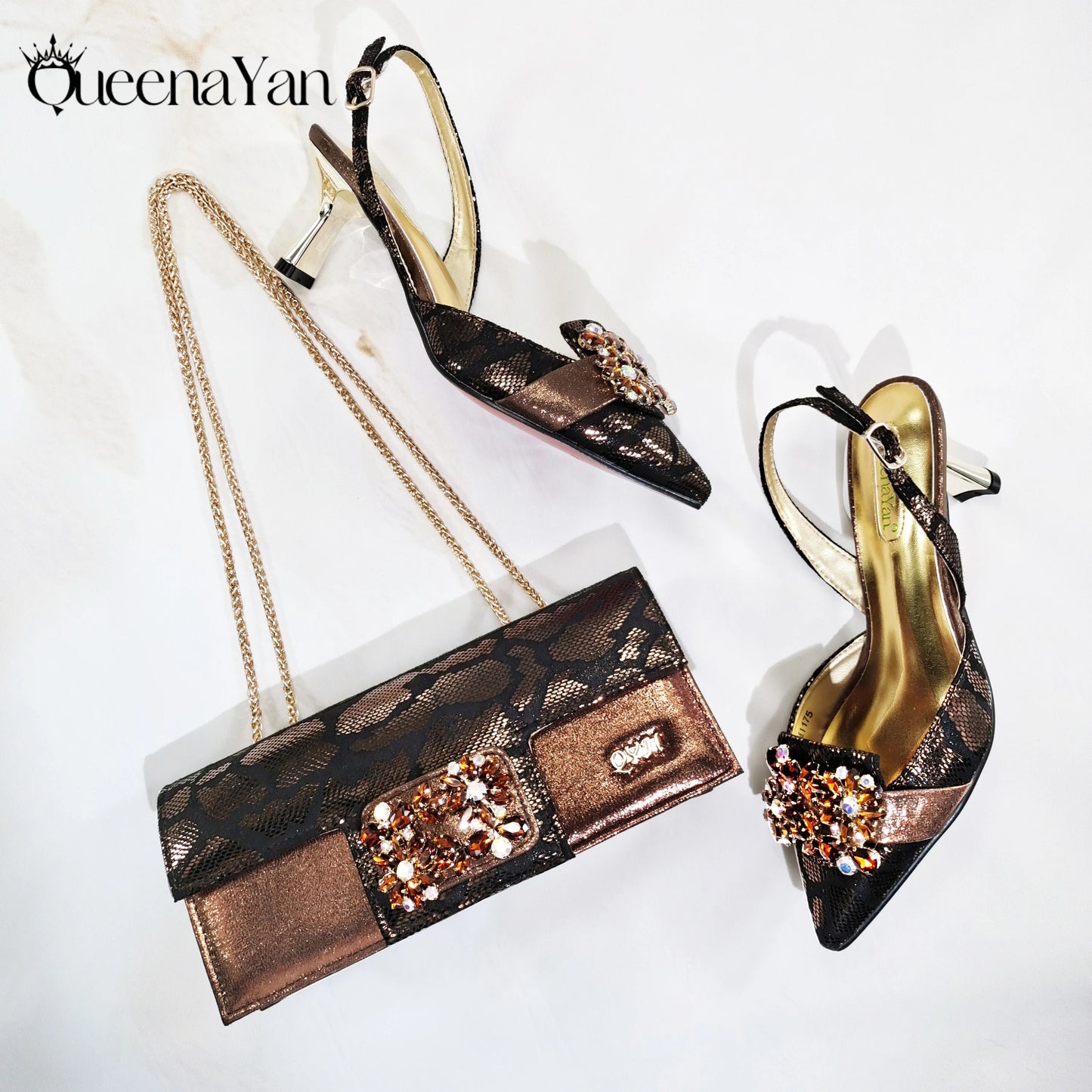 Elegant Mature Purple Color Style Rhinestone and Print Design Pointed Toe High Heels and Bag Set for Party Wedding