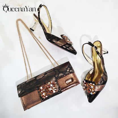 Elegant Mature Purple Color Style Rhinestone and Print Design Pointed Toe High Heels and Bag Set for Party Wedding