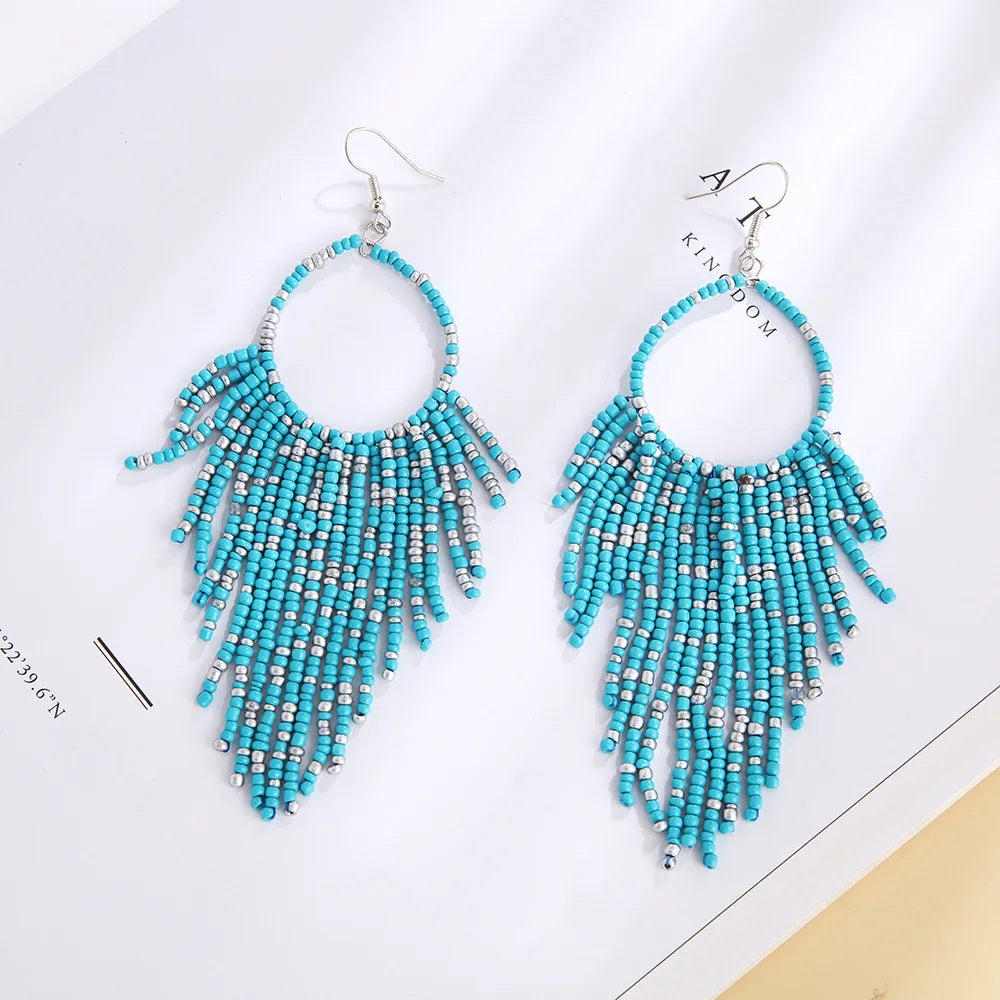 White Rice Beads Earrings For Women Retro Boho Tassels Water Drop Earrings Exaggerated Ethnic Style Earrings Jewelry