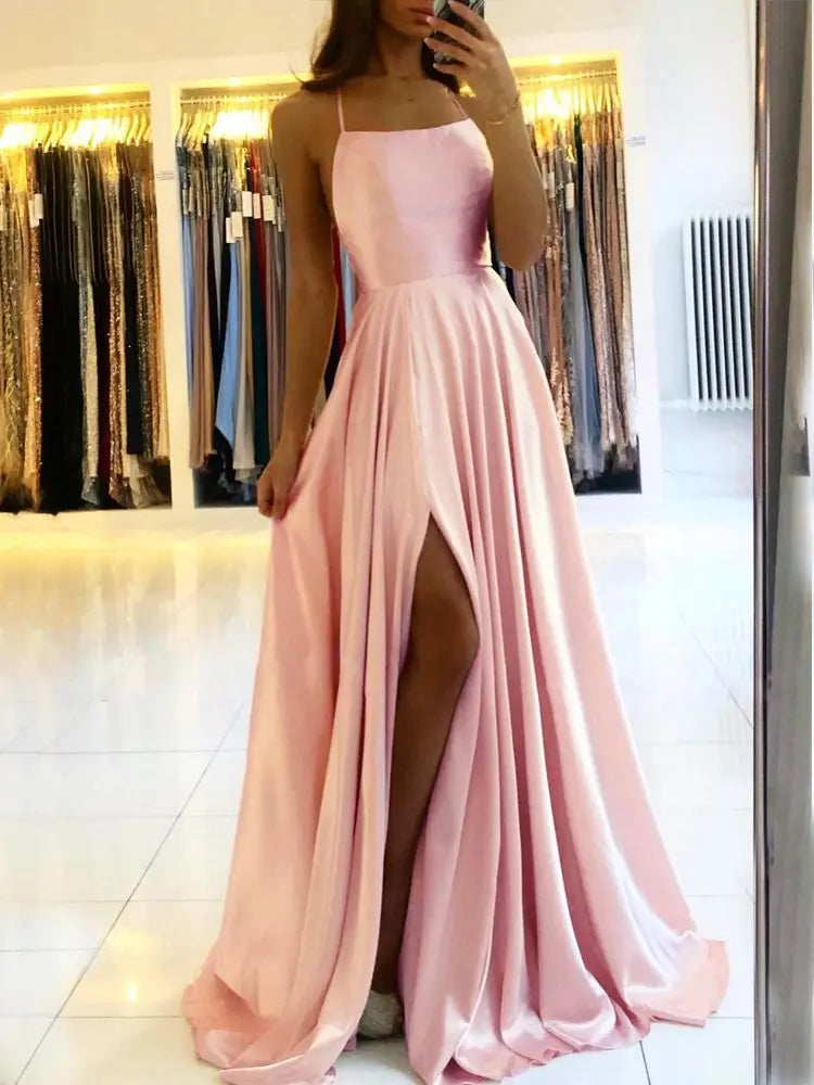 Elegant Burgundy Prom Maxi Dresses For Women 2025 Sexy Backless Side Slit Halter Satin Evening Party Gowns Vestidos De Gala