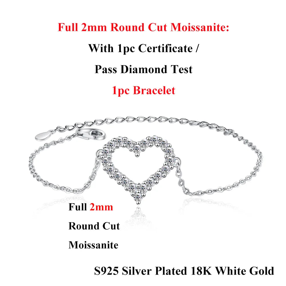 Heart Shape Full D Color Moissanite Link Bracelet Pendant for Women Girls S925 Silver Lab Diamond Chain Bracelets Earrings