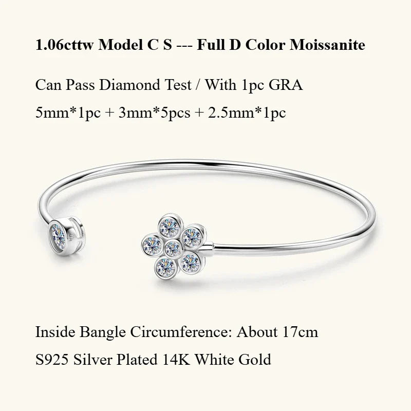 Four Prong Moissanite Cuff Bangle 5mm 0.5CT Round Cut D Color 925 Silver Open Hand Chain Bracelet For Women Girl Lady Gift