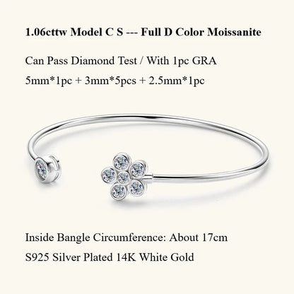 Four Prong Moissanite Cuff Bangle 5mm 0.5CT Round Cut D Color 925 Silver Open Hand Chain Bracelet For Women Girl Lady Gift