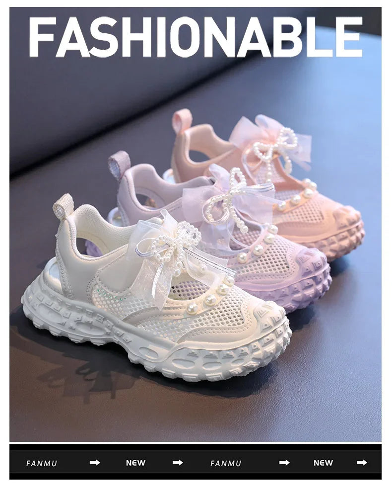 Summer Children School Running Sandals Sweet Breathable Girls Mesh Sports Sandals Non-slip Fashion Kids Princess Cut-outs Shoes