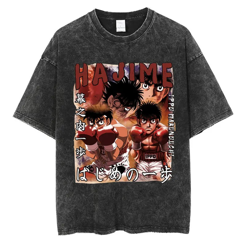 Anime Hajime No Ippo Washed Vintage T-shirt Kamogawa Boxing Gym Harajuku T-shirts Makunouchi Takamura KGB Loose Cotton T Shirt