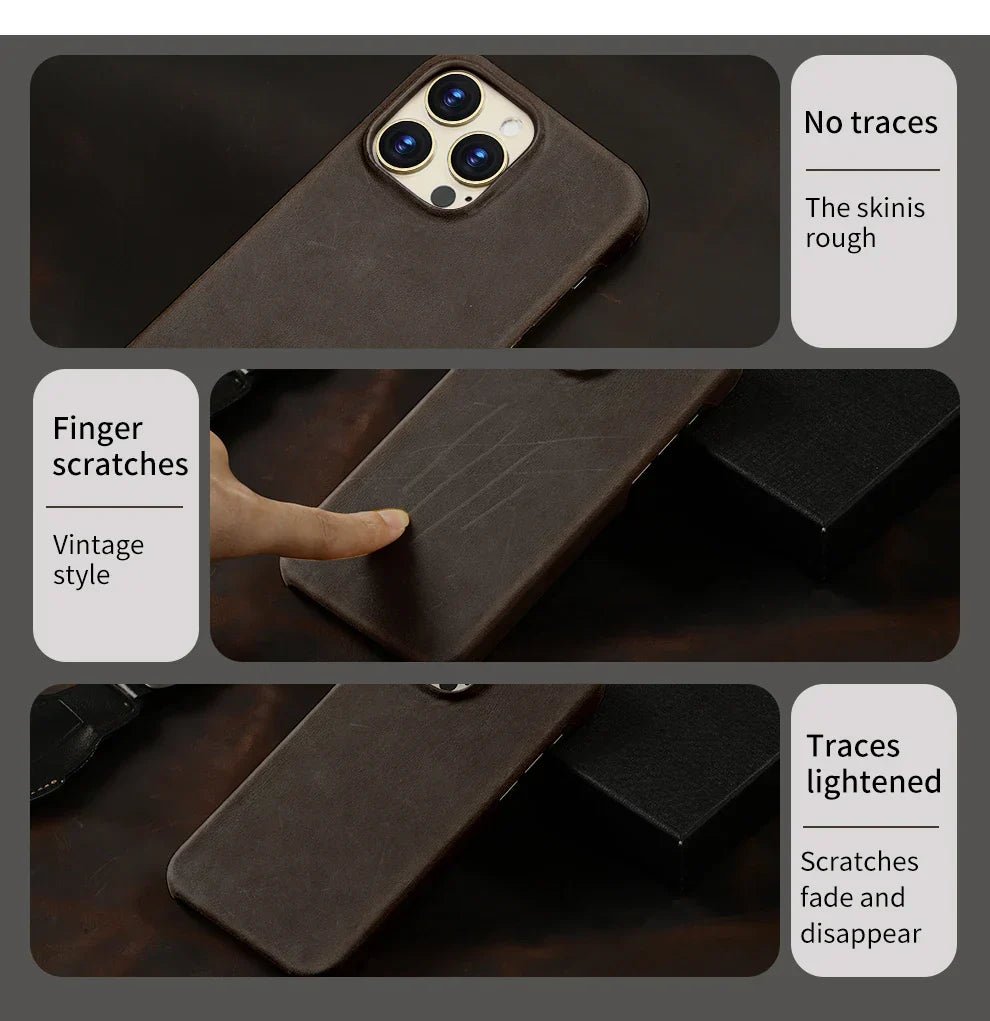 Magsafe Case for iPhone 17 Air 16 15 Pro Max Retro Luxury Full Grain Cowhide Genuine Oiled PULL-UP Leather Magnetic Cover