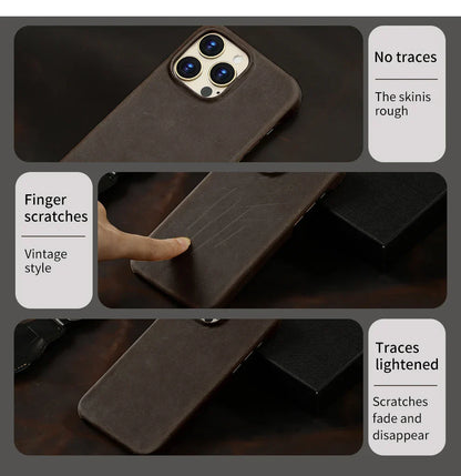 Magsafe Case for iPhone 17 Air 16 15 Pro Max Retro Luxury Full Grain Cowhide Genuine Oiled PULL-UP Leather Magnetic Cover