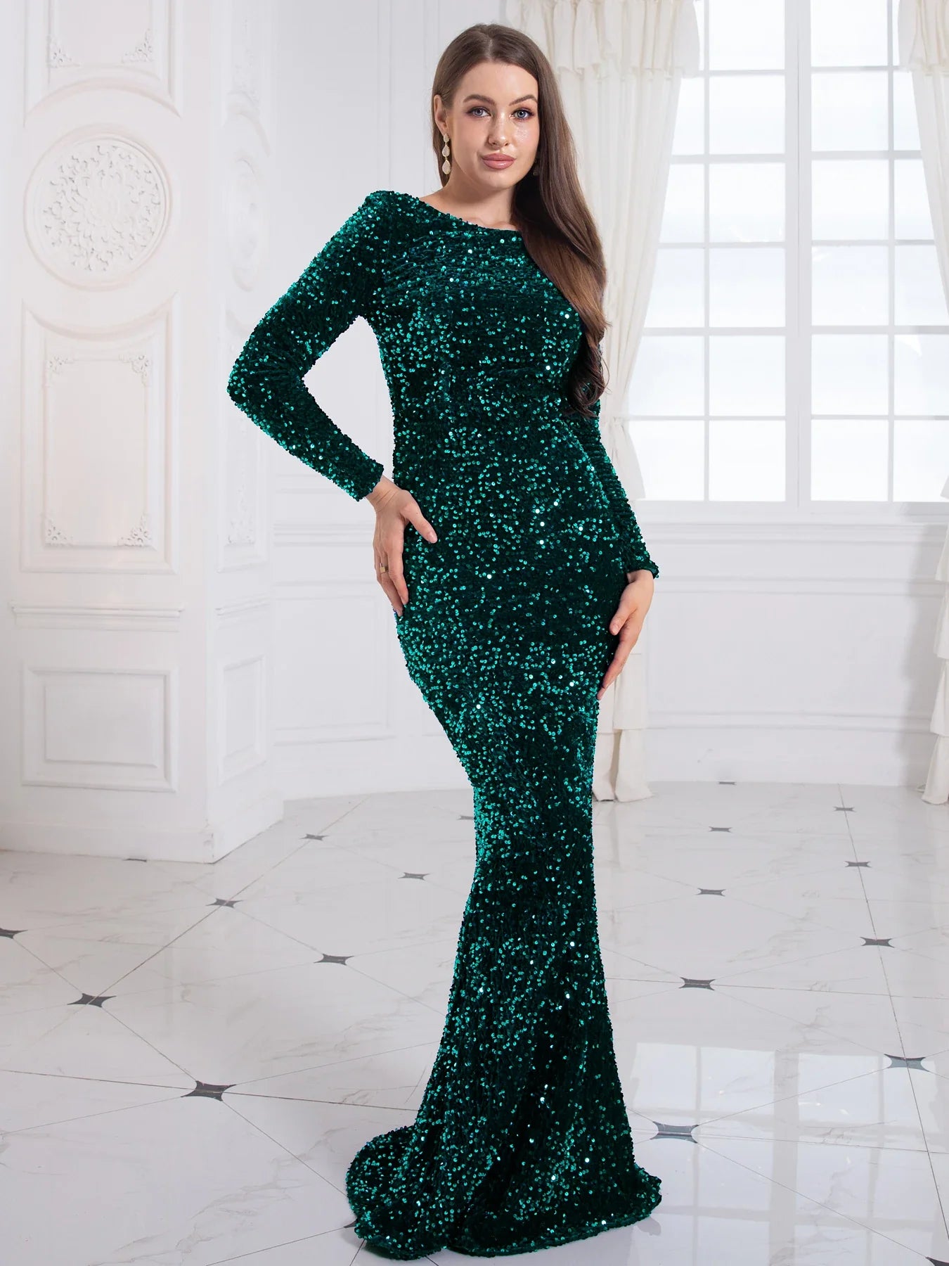 Romagic Women Modest Stretch Sequin O Neck Evening Prom Gown Party Long Dresses Full Sleeved Mermaid Formal Dinner Elegant Dress