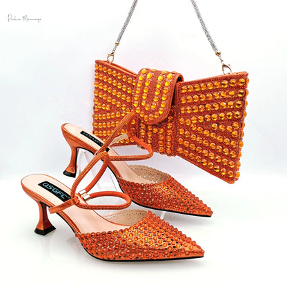 Hot Selling Italian Design African Women's Crystal High Heel Toe Sandals Party Wedding Party Silver Shoes and Bag Set