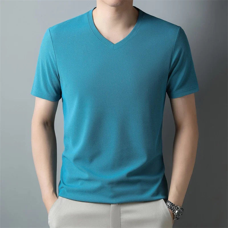 2024 Men's Waffle V Neck Short Sleeve T-Shirt Summer Comfortable Breathable Fashion Top in Solid Colors