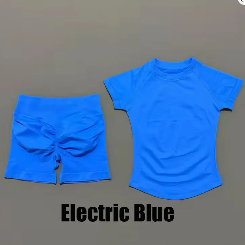 2-piece DF LOG0 sports set, short sleeved seamless yoga top, impact fitness set, women's fitness running shorts, sports set