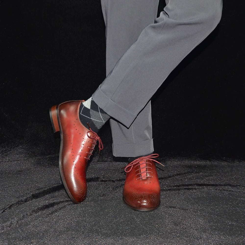 Luxury Genuine Leather Men's Dress Shoes Red/Black Wingtip Oxford Formal Lace-up Brogue Business Man Shoes for Social Wedding