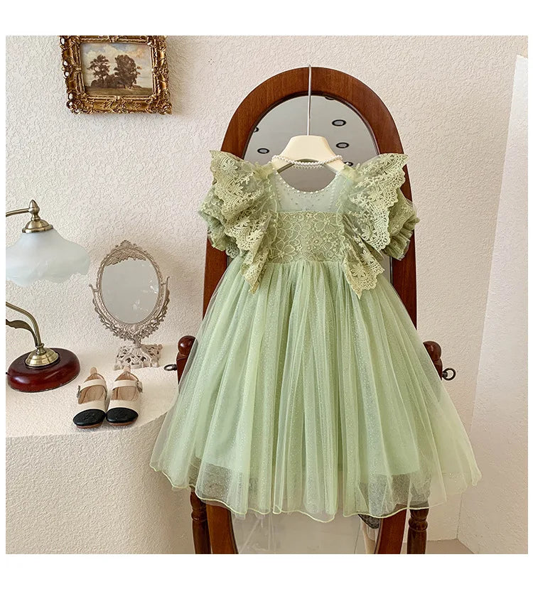 Kid Girl Elegant Light Green Dress for Children Intricate Lace Flutter Sleeves and Voluminous Sparkling Tulle Skirt Summer