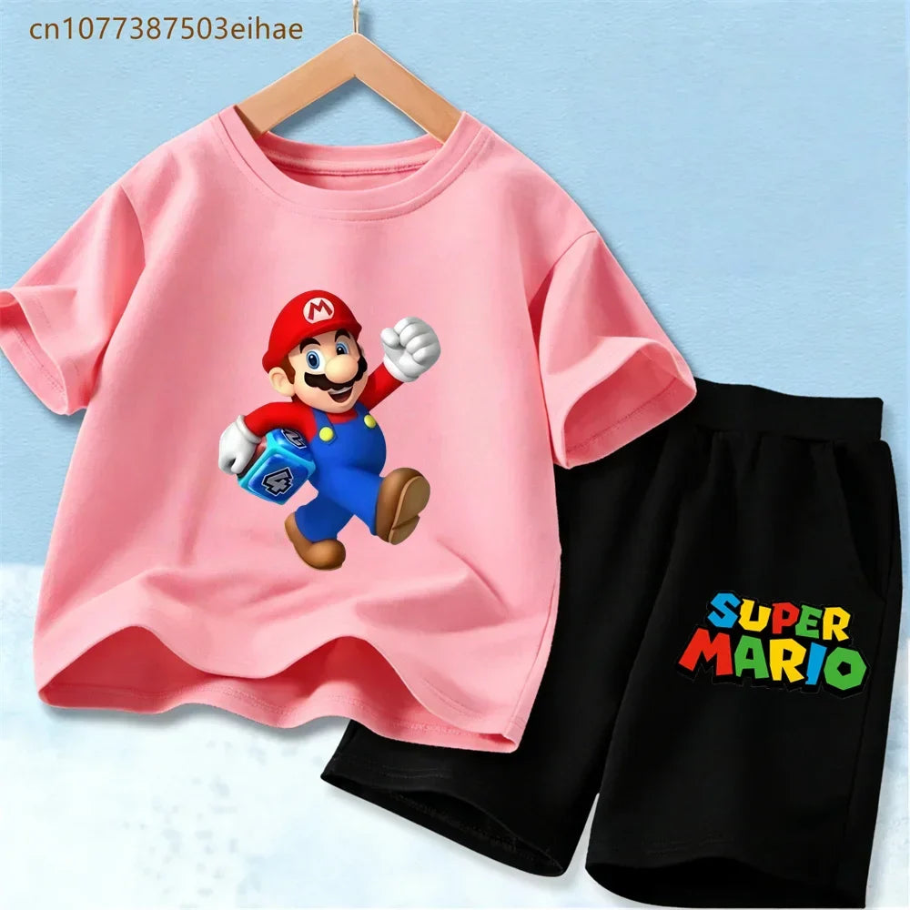 Kids Mario Graphic Short Sleeve T Shirt And Shorts Set Lightweight Summer Sport Costume Boys Girls Casual Home Outdoor Clothes