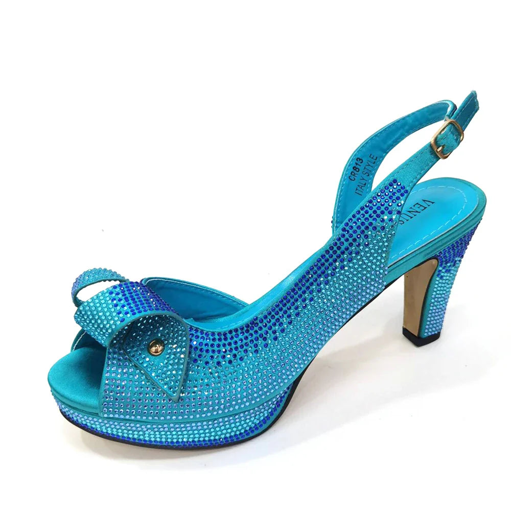 Newest INS Style Peach Color Rhinestone Elegant High Heels Nigeria Popular Design African Ladies Shoes And Bag Set