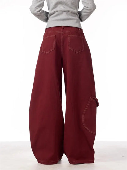 Cargo Red Casual Jeans Womens Workwear Pants Loose Straight Wide Leg Trousers Spring Korean Style Lazy Comfortable Chic