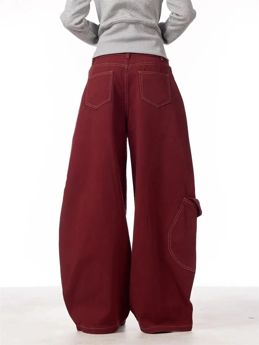 Calça Cargo Jeans Casual Vermelha Feminina Calça de Trabalho Folgada Reta Perna Larga Calça Coreana Primavera Estilo Preguiçoso Confortável Chique
