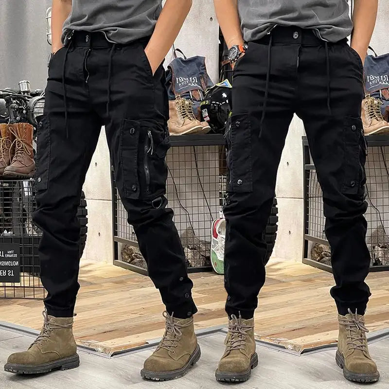 Fashionable men's slim fit work pants, casual loose zipper, multi pocket jogging pants, elastic leg binding pants