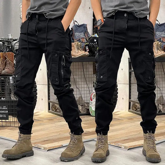 Fashionable men's slim fit work pants, casual loose zipper, multi pocket jogging pants, elastic leg binding pants
