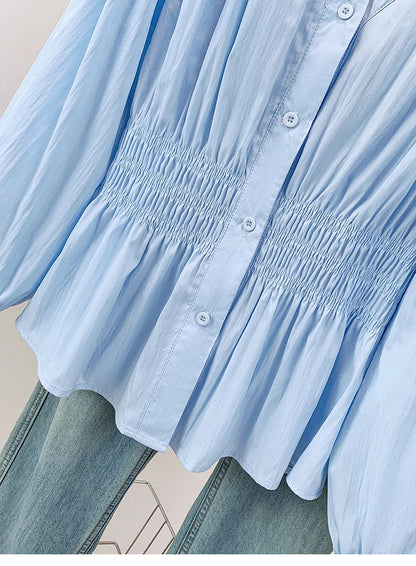 2026 V-neck Long Sleeved Plus Size Shirt Loose Pleated Ruffle Oversized Tops Ladies Chic Elegant Solid Versatile Blouse