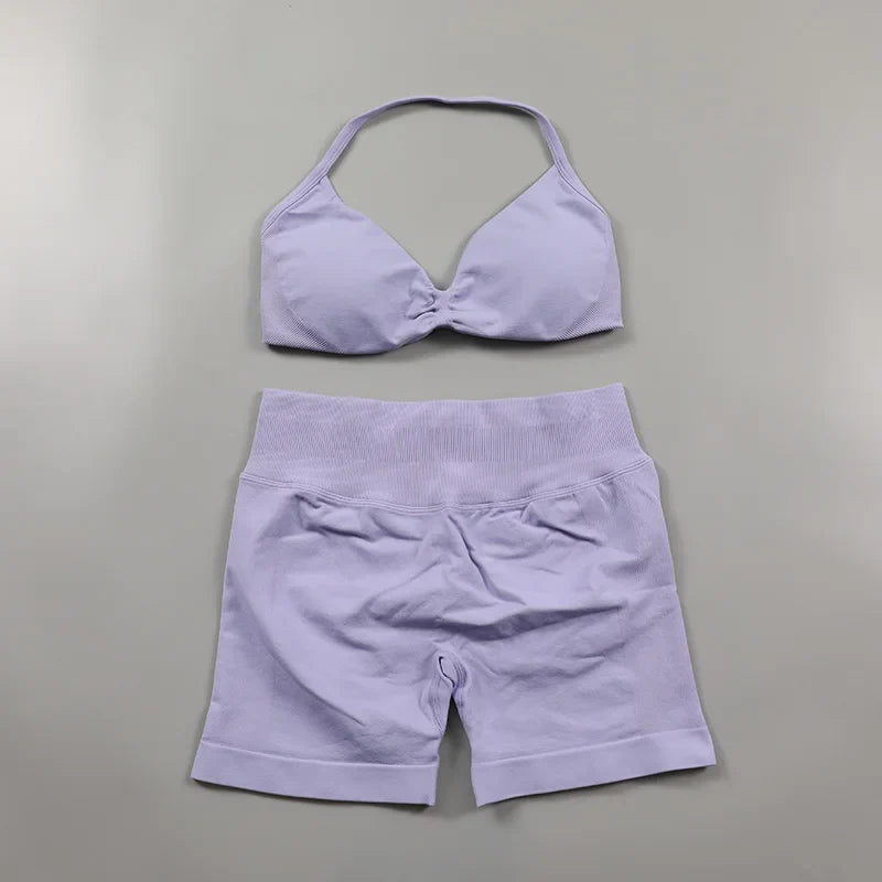 Scrunch Seamless Yoga Set Women Sportswear Ribbed Gym Shorts Strappy Sports Bra 2 Piece Set Halter Workout Clothes Fitness Suit