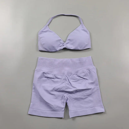 Scrunch Seamless Yoga Set Women Sportswear Ribbed Gym Shorts Strappy Sports Bra 2 Piece Set Halter Workout Clothes Fitness Suit